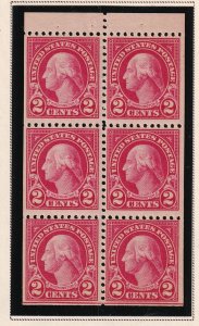 1923 Washington 2c carmine Sc 554c MNH Position J booklet pane of 6 (Y7