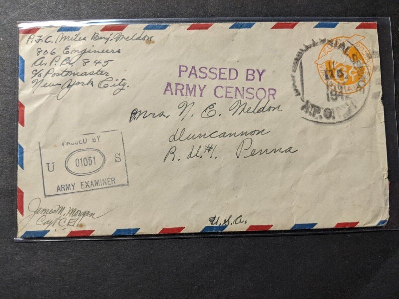 APO 845 BORINQUEN FIELD, PUERTO RICO 1942 Censored WWII Army Cover 806 Engineers