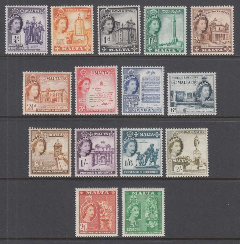 Malta Sc 246-260 MNH. 1956 QEII definitives, short set complete to 5sh value, VF