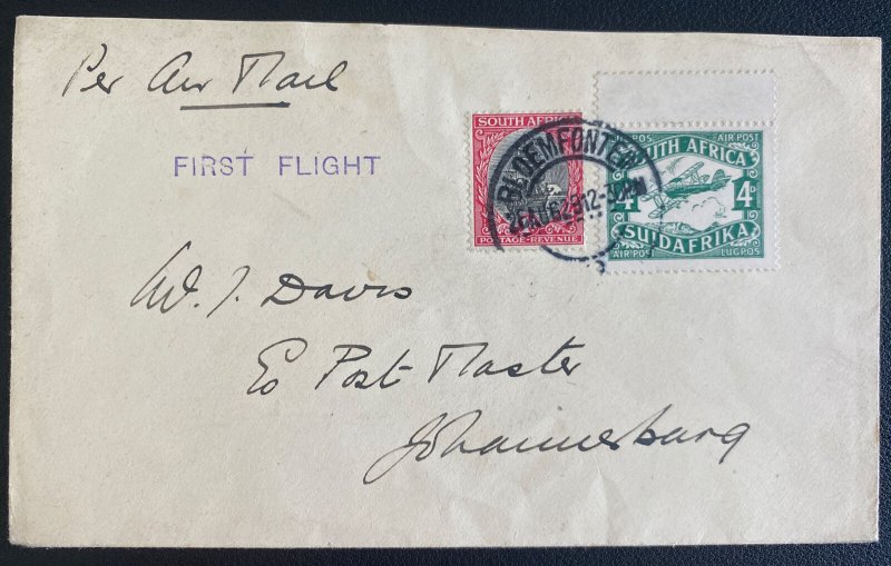 1929 Bloemfontein South Africa First Flight Airmail Cover To Johannesburg