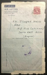 1944 Liverpool England Air Letter Cover To RAF HQ Air Command South East Asia