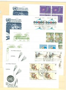 United Nations-Geneva 109-10/117-18/122-23 1982-84 Space, trade, food FDCs, artmaster cachets; 6 different blocks of 4 FDCs, U/A