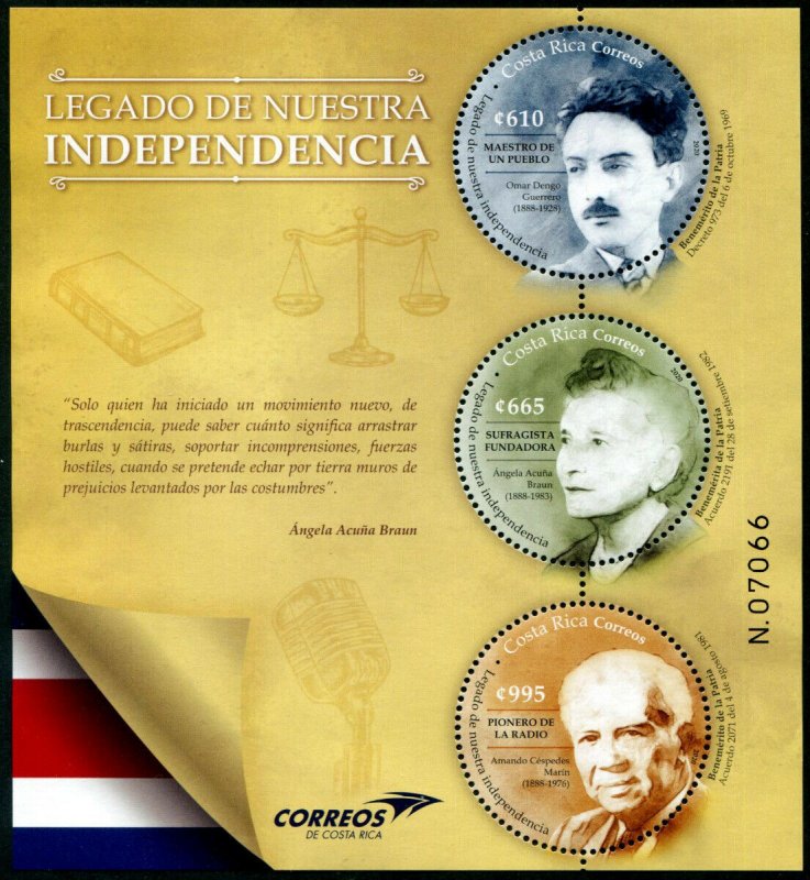 HERRICKSTAMP NEW ISSUES COSTA RICA Legacy of Independence Sheetlet of 3 Diff.