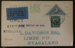 1934 South West Africa First Flight Postcard Cover FFC To Limbe Nyasaland