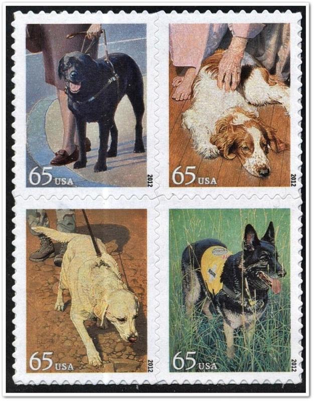 2012 65c Dogs at Work, Military, Therapy, Block of 4 Scott 4604-4607 Mint VF NH