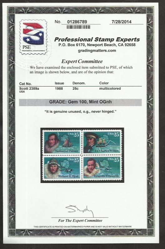 # 2386-2389 MINT NEVER HINGED Block ARCTIC EXPLORERS P.S.E. GRADE 100