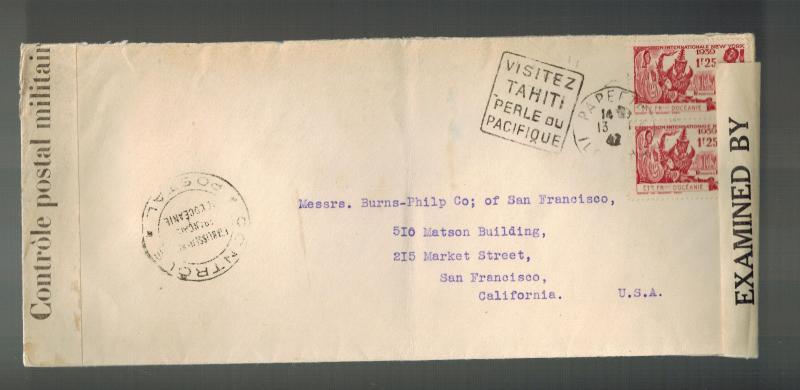 1942 Papeete Tahiti Dual Censored Cover to USA 