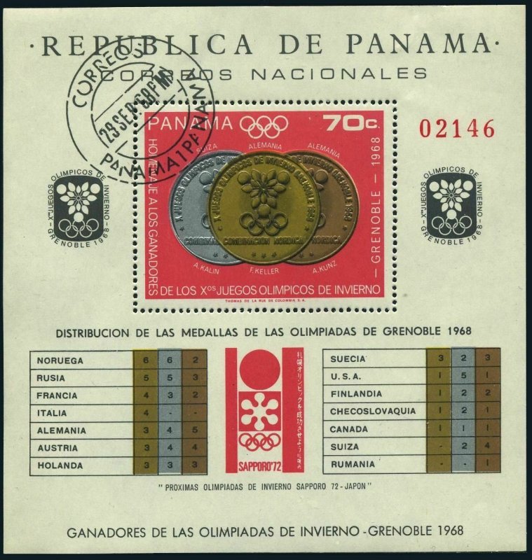 Panama 487-I,CTO.Mi 1086 Bl.92. Olympics Grenoble-1968.Medals & country winners.