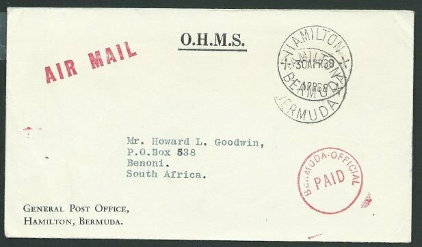 BERMUDA 1968 OHMS cover to South Africa - OFFICIAL PAID in red.............39938