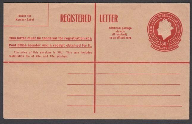 CHRISTMAS IS QE 30c Registered envelope fine unused.........................M579