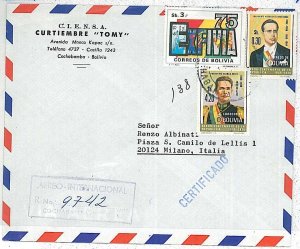 27346 - BOLIVIA  - POSTAL HISTORY: CERTIFIED AIRMAIL COVER to ITALY- BUTTERFLIES