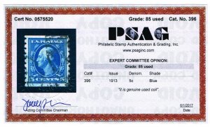 EXCEPTIONAL GENUINE SCOTT #396 USED PSAG CERT GRADED VF-XF 85 1913 COIL SINGLE