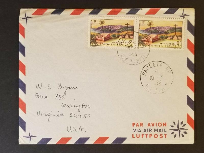 1966 Papeeti Tahiti French Colony to Lexington Virginia USA Air Mail Cover