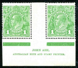 Australia 1p GV P14 Gutter Pair Margin Imprint John Ash Stamp Printer MNH