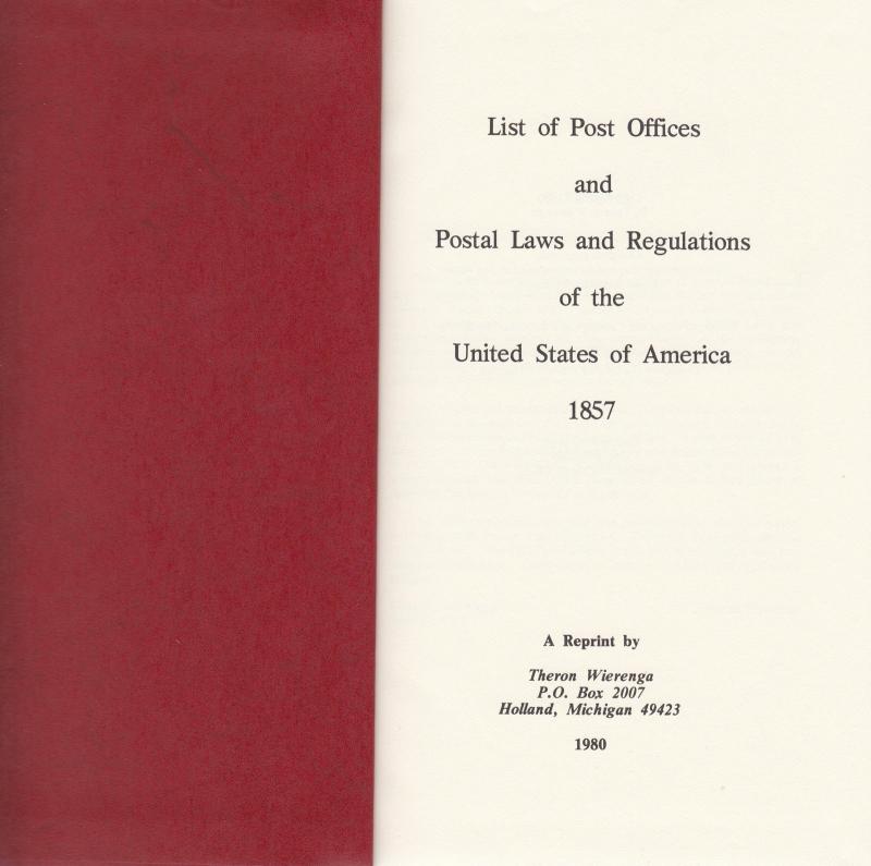 List of Post Offices and Postal Laws and Regulations of the United States, 1857