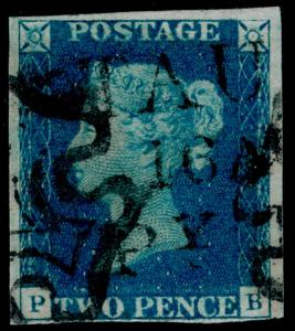 SG5, 2d blue PLATE 2. Cat £15000. BLACK MX. TAUNTON PENNY POST. RPS CERT. PB