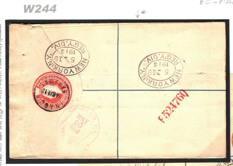 BAHAMAS KGV Cover Registered *Inagua* Postal Stationery USA Chicago 1913 W244