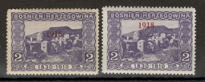 BOSNIA-AUSTRIA - 2 MH STAMP, 2H - OVERPRINT - DIFERENT COLOR - 1918.