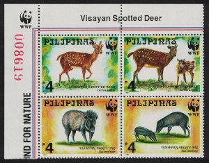 Philippines WWF Deer Warty Pig 4v Block of 4 Logo Control Number 1997 MNH