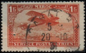 French Morocco C7 - Used - 1fr Biplane Over Casablanca (1922) (cv $0.80)