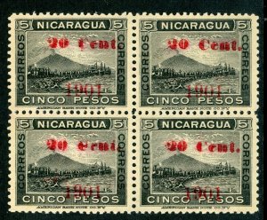 Nicaragua 1902 Momotombo 20¢ on 5P Black Sc # 151 Block of 4 Mint Y799