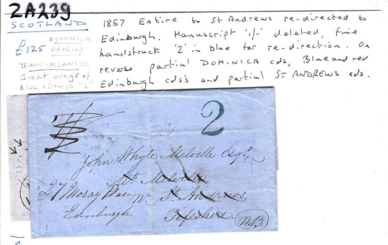 DOMINICA BWI Transatlantic Cover 1857 BLUE Handstruck Scots *2* St.Andrews ZA239