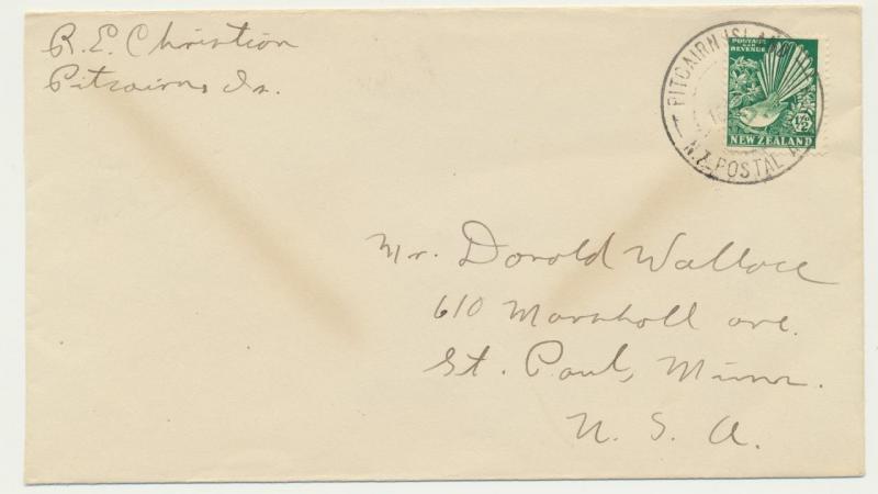 PITCAIRN IS 1936? COVER, RE CHRISTIAN TO USA, NZ ½d RATED (SEE BELOW)