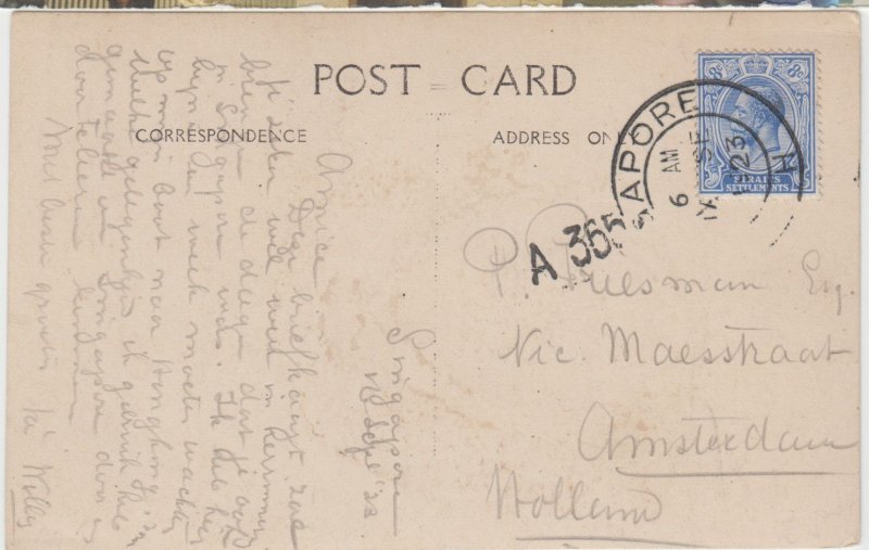 STRAIT SETTLEMENTS cover  written 23 Sept 1923,  Singapore to Amsterdam Postcard