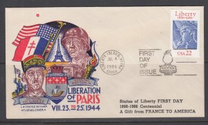 US Sc 2224 FDC. 1986 22c Statue of Liberty, Fluegel cachet, unaddressed, fresh