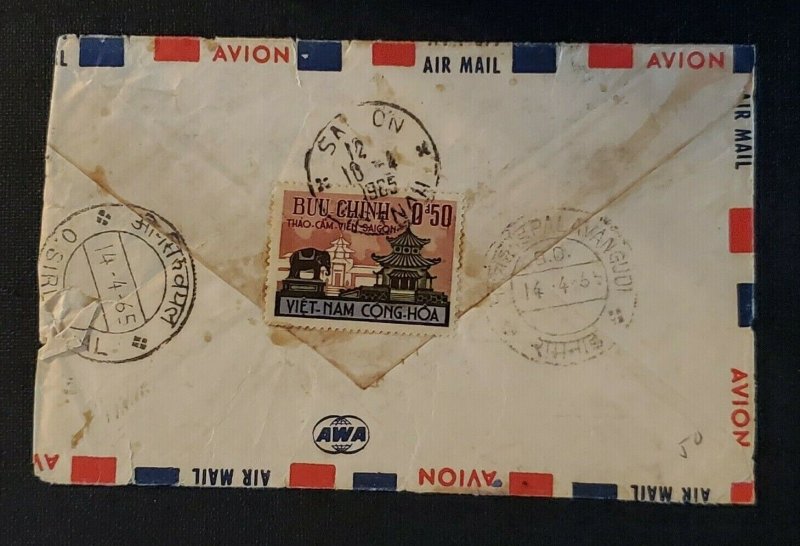 1965 Saigon Vietnam to Palavangudi India Registered Multi Franking Airmail Cover