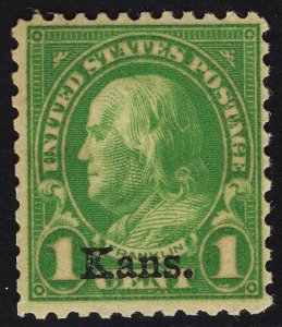 US #658 1c Green Franklin Kansas Overprint MINT NH   SCV $5.00