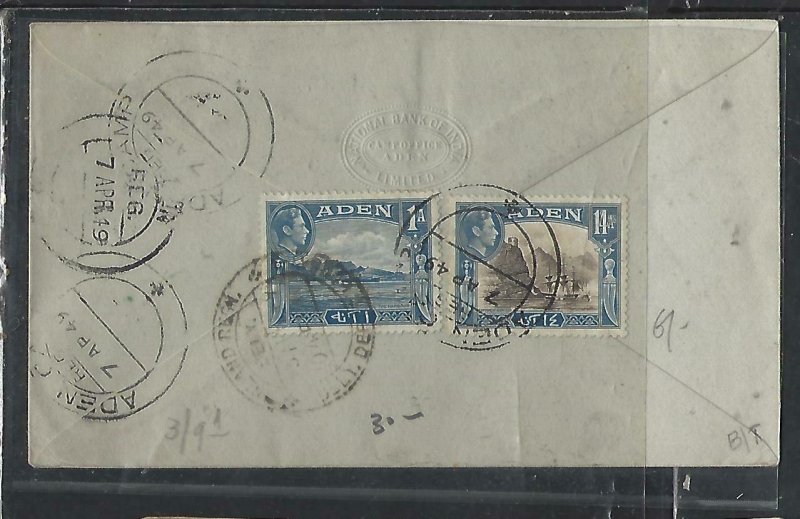 ADEN COVER (PP1311B)  1949 KGVI  14A+1A  REG COVER TO INDIA