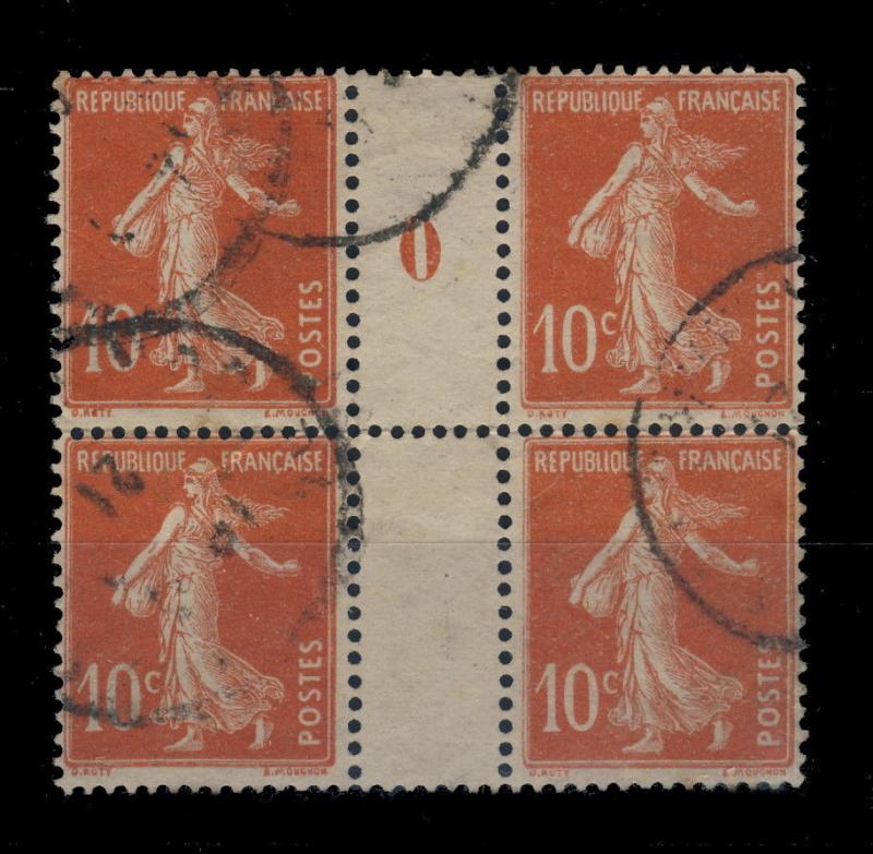 FRANCE - 1920 - 10c SEMEUSE N°137 EN BLOC DE 4 AVEC MILLÉSIME 0 OBL. (1921)