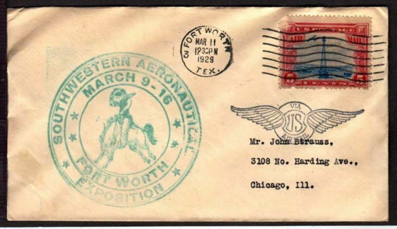 1928 Southwest Aeronautical Exposition, Fort Worth Texas TX Sc C11 bronco cachet