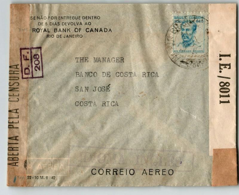 Brazil 1940s Dual Censor Cover to Costa Rica - Z13649