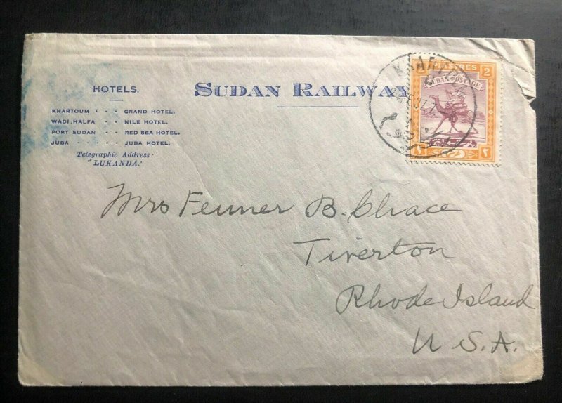 1937 Khartoum Sudan Railways Travel Cover To Tiverton RI USA