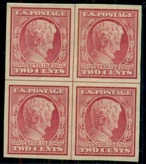 US #368, 2¢ Lincoln, Imperf Center Line Block of 4, og, LH, VF/XF, Scott $140.00