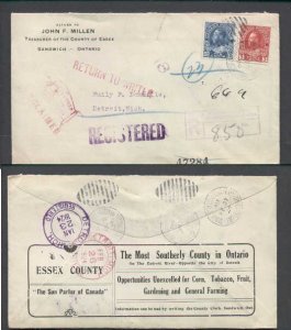 Canada-cover #3744-3c+10c Admi reg'd-Essex Cty-Sandwich-Jan 22 1924-H/S ...