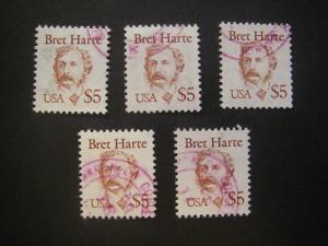 Scott 2196, $5 Bret Harte, block tag, USED, Great Americans
