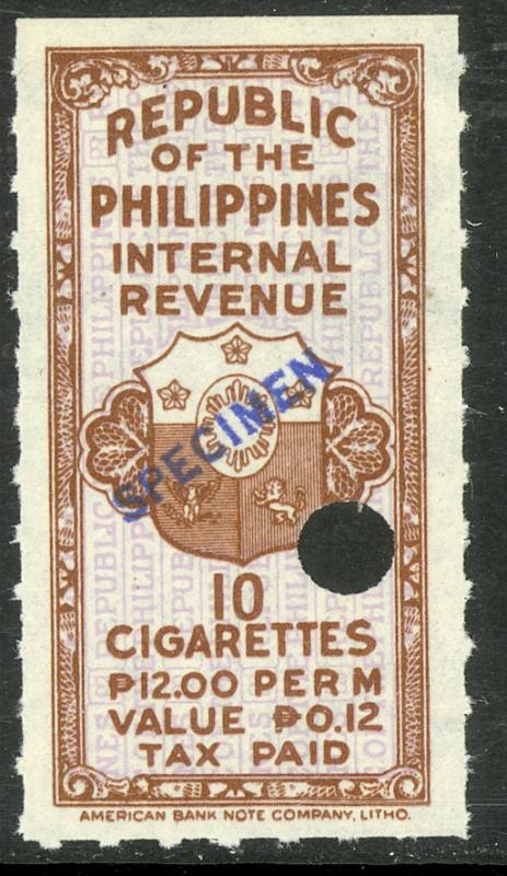PHILIPPINES c1950 10 at P12.00 Per M Cigarette Tax Paid REVENUE SPECIMEN