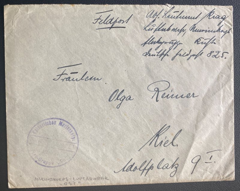 1918  Germany Feldpost Marine Luftwaffe Flight Station Feldpost Cover To Kiel