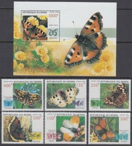 BENIN Sc# 1107A-G CPL MNH SET of 6 + SOUVENIR SHEET of BUTTERFLIES