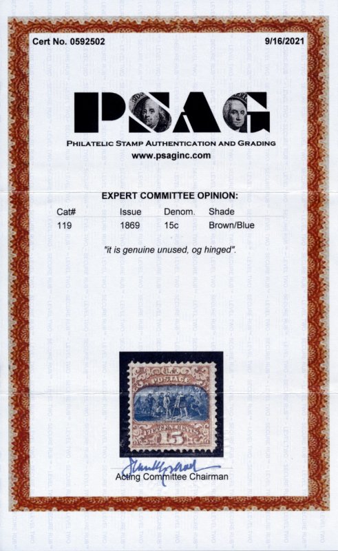 US 119 15c 1869 Landing of Columbus type II PSAG cert F-VF unused OG hinged