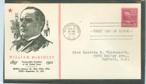 US 829 1938 25c William McKinley (part of the Presidential Series - Prexies) on an addressed (typed) FDC with a Linprint cachet