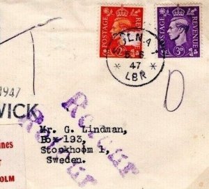 GB USED ABROAD SWEDEN Air Mail Retour Cover Solna Scotland Prestwick 1946 DL200