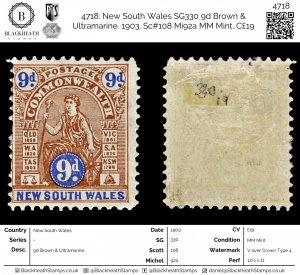 4718: New South Wales SG330 9d Brown & Ultramarine. 1903. Sc#108 Mi92a MM Min...