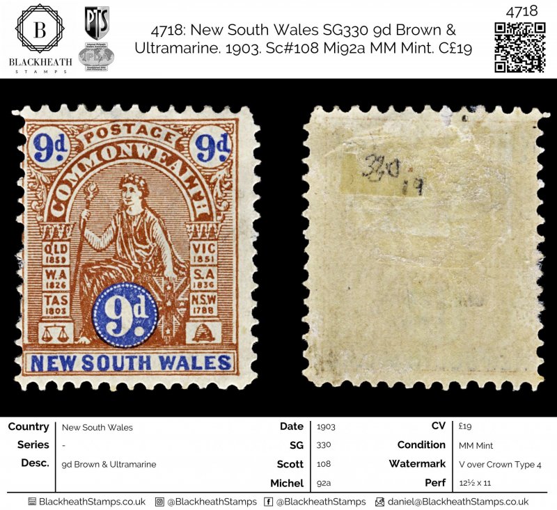 4718: New South Wales SG330 9d Brown & Ultramarine. 1903. Sc#108 Mi92a MM Min...