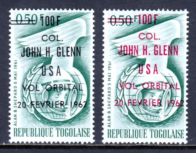 Togo — Scott 421,421a — 1962 John Glenn Surcharges — MH — SCV $4.80