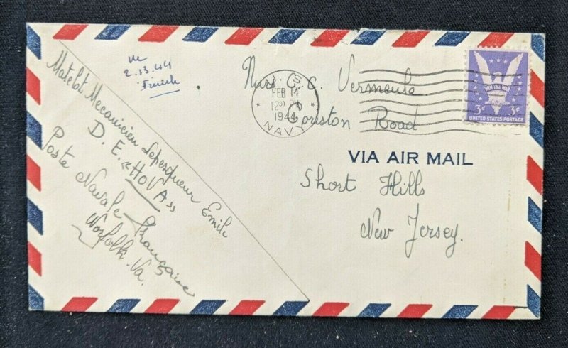 1944 Norfolk Virginia US Navy Airmail Cover Short Hills New Jersey