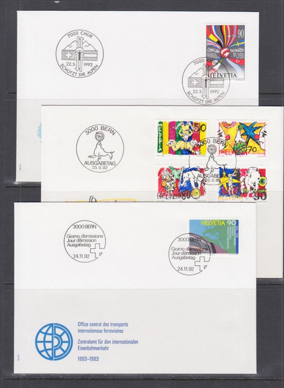 Switzerland Mi 1461/1488, 1992 issues, 8 sets on 8 cacheted official FDCs